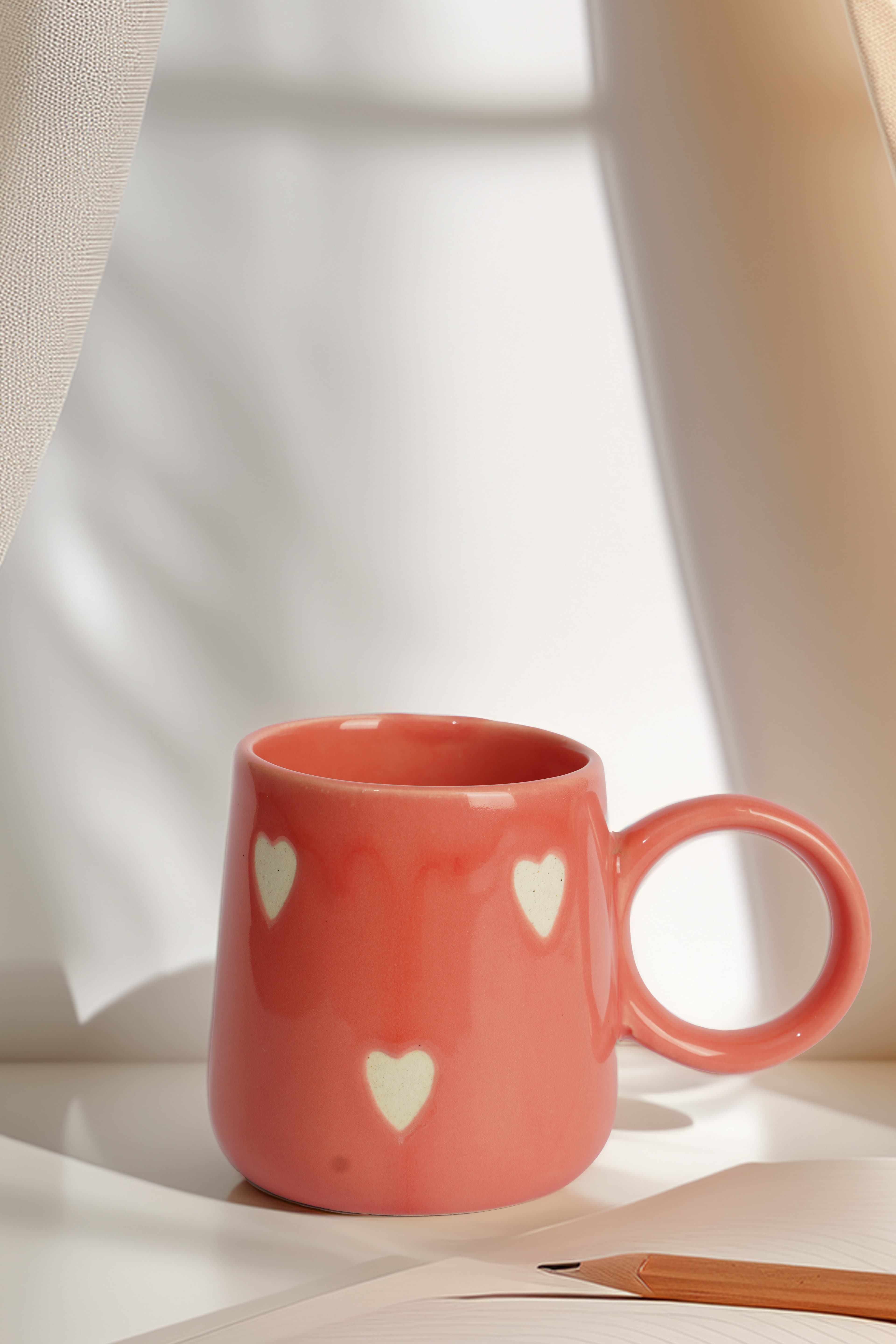 Coral White Love Hearts Handmade Ceramic Mug 4