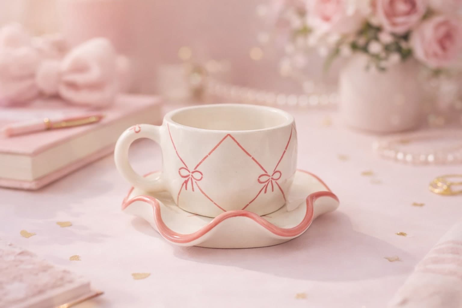 Romantic Bow and Ribbon Handmade Ceramic Cup Saucer Set