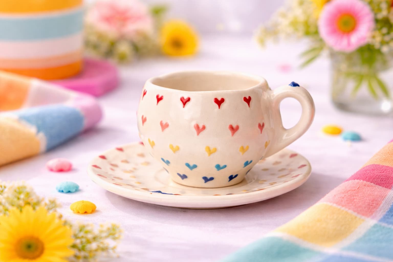Rainbow Scattered Hearts Handmade Ceramic Cup & Saucer Set
