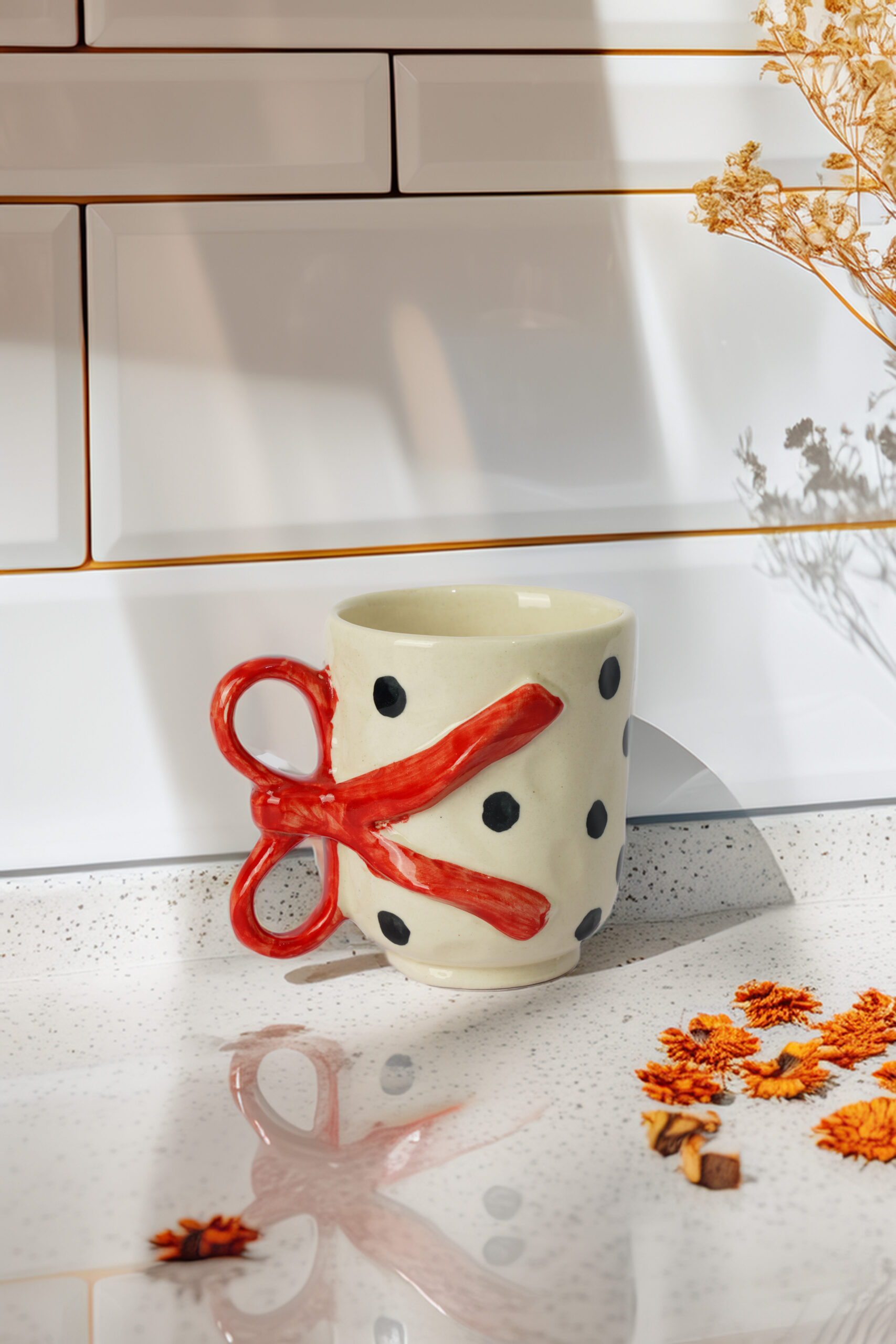 Polka Dot Scissor Mug with Red Bow Handle