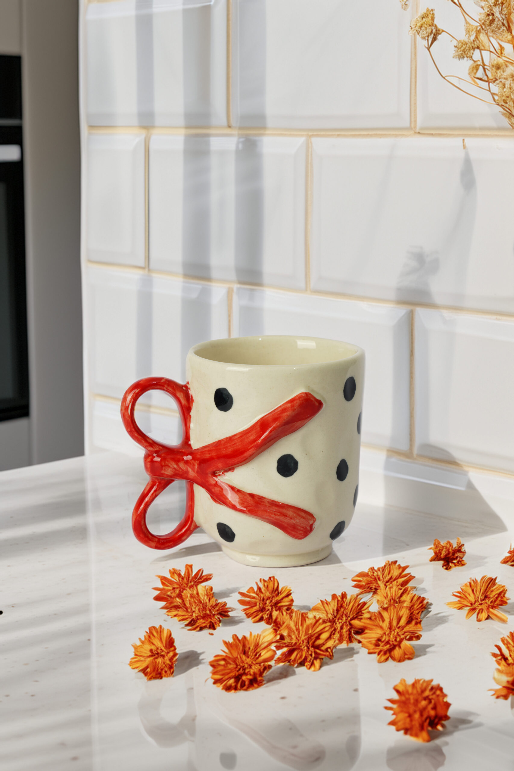 Polka Dot Scissor Mug with Red Bow Handle