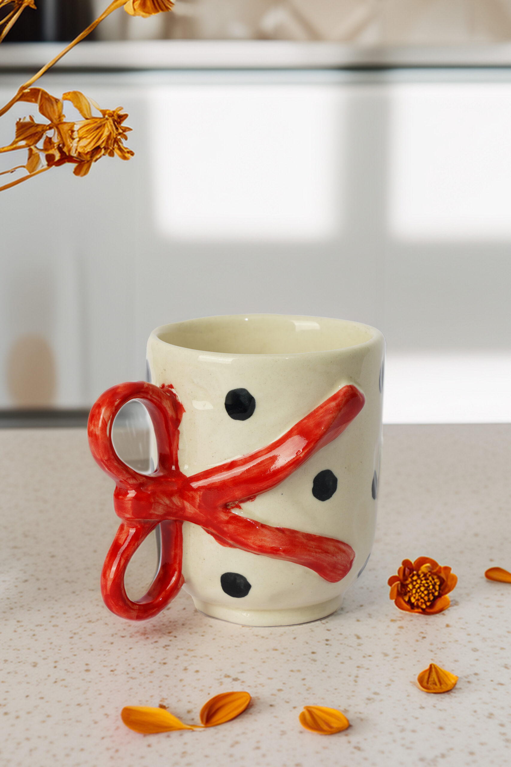 Polka Dot Scissor Mug with Red Bow Handle